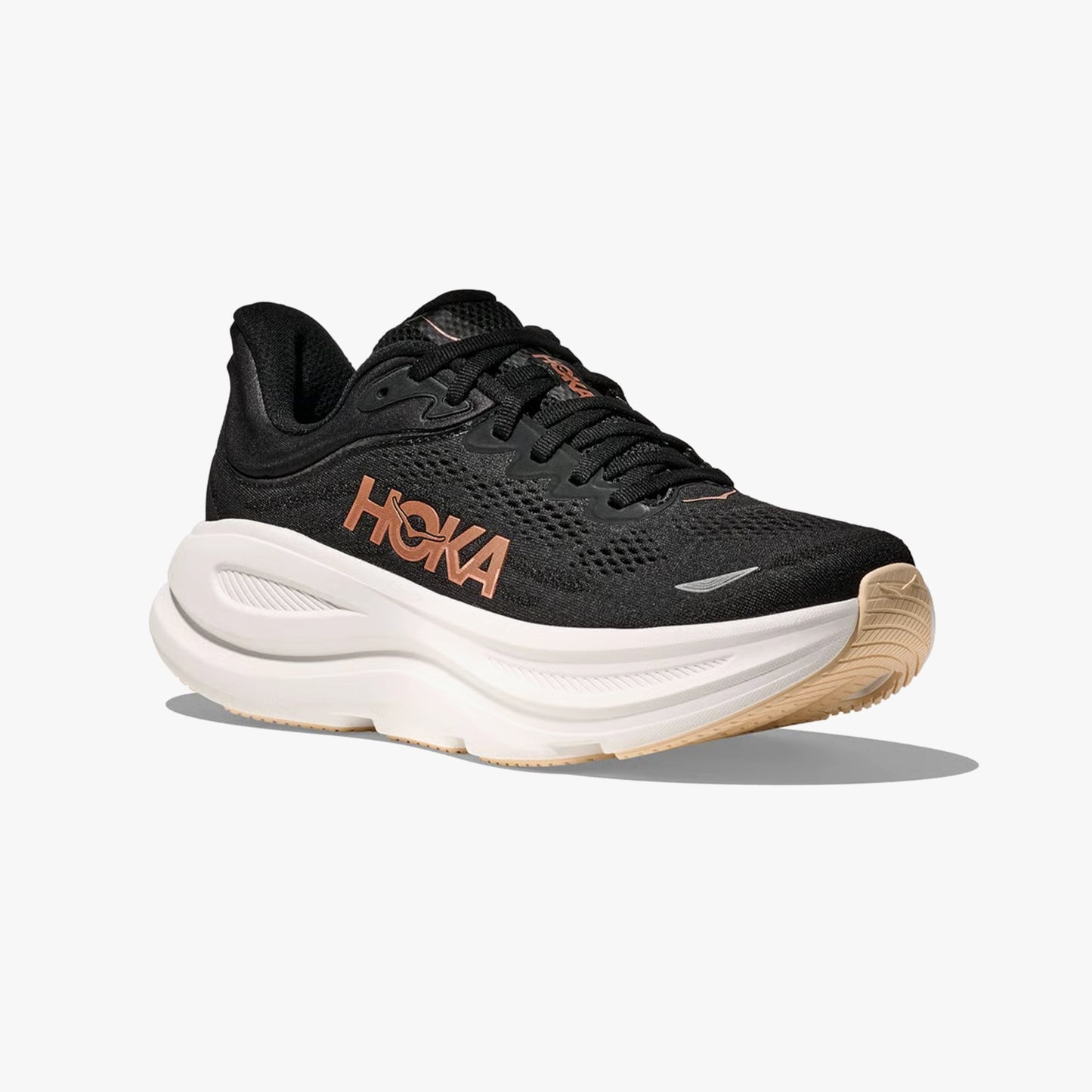 HOKA WOMENS BONDI 9 ROAD RUNNING BLACK / ROSE GOLD - Sole Therapy