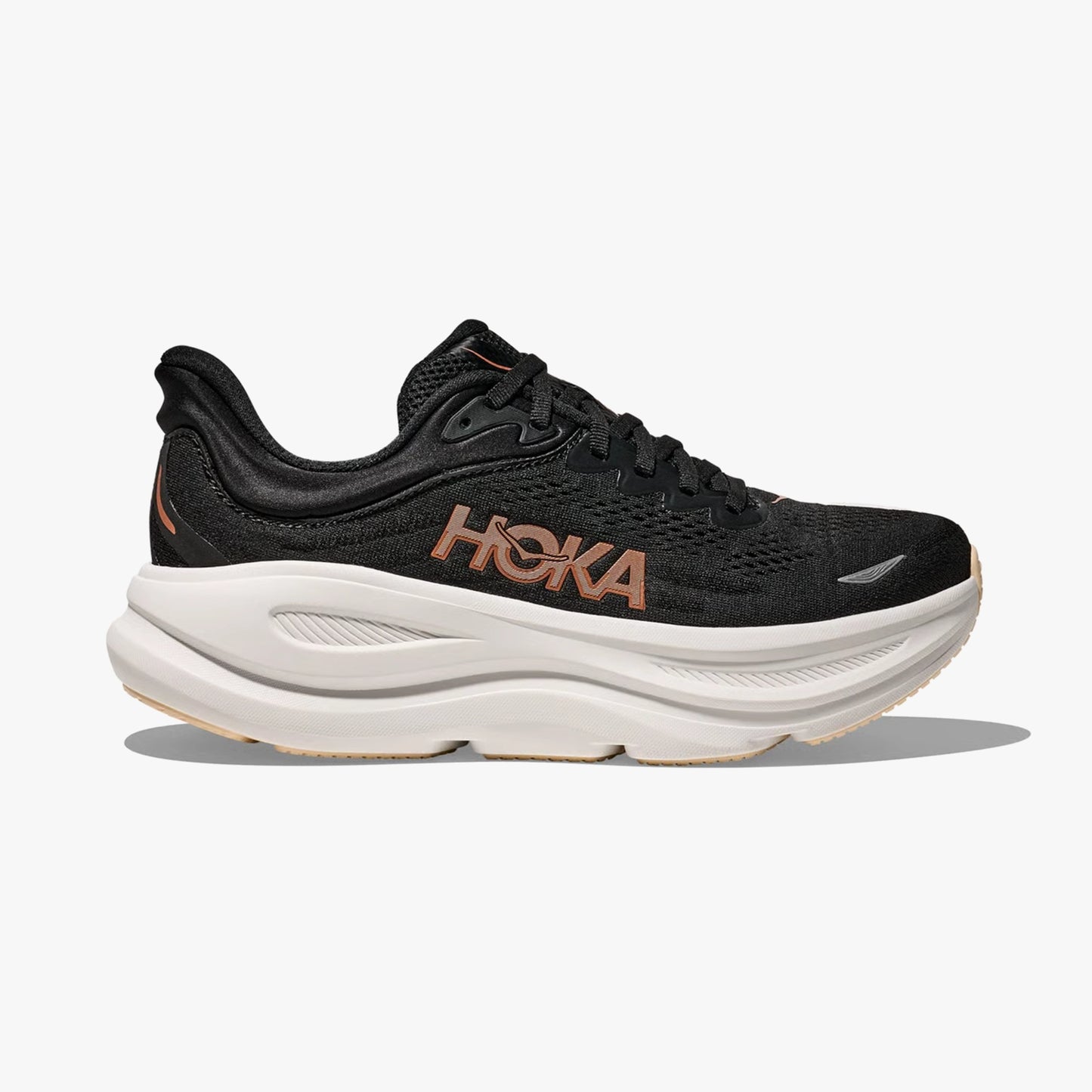 HOKA WOMENS BONDI 9 ROAD RUNNING BLACK / ROSE GOLD - Sole Therapy