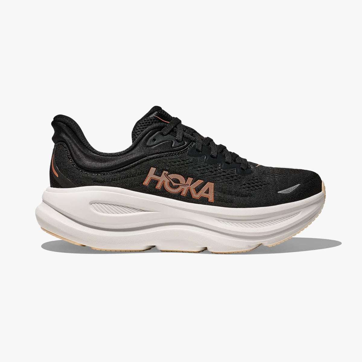HOKA WOMENS BONDI 9 ROAD RUNNING BLACK / ROSE GOLD - Sole Therapy