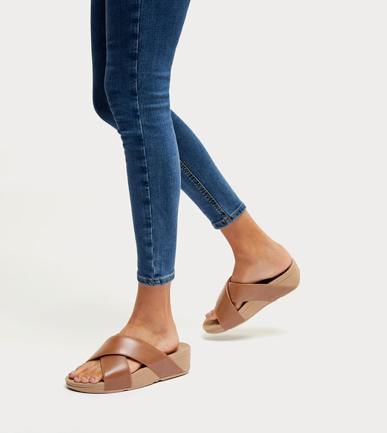 LULU CROSS SLIDE SANDALS - LEATHER LIGHT TAN