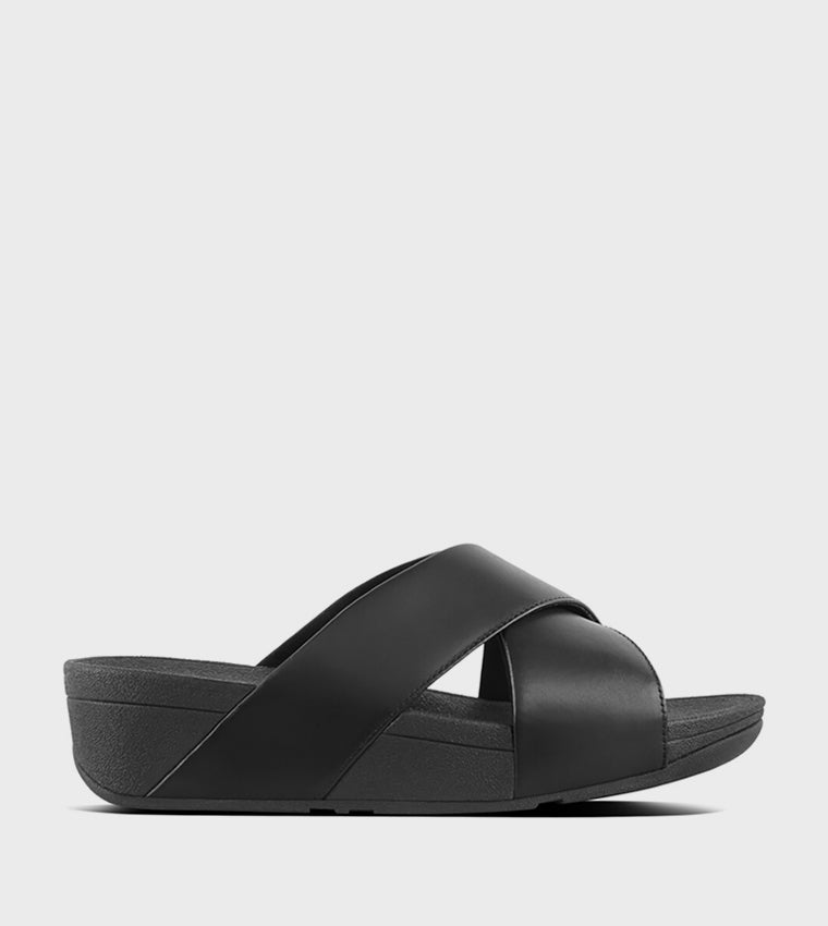 LULU CROSS SLIDE SANDALS - LEATHER BLACK - Sole Therapy