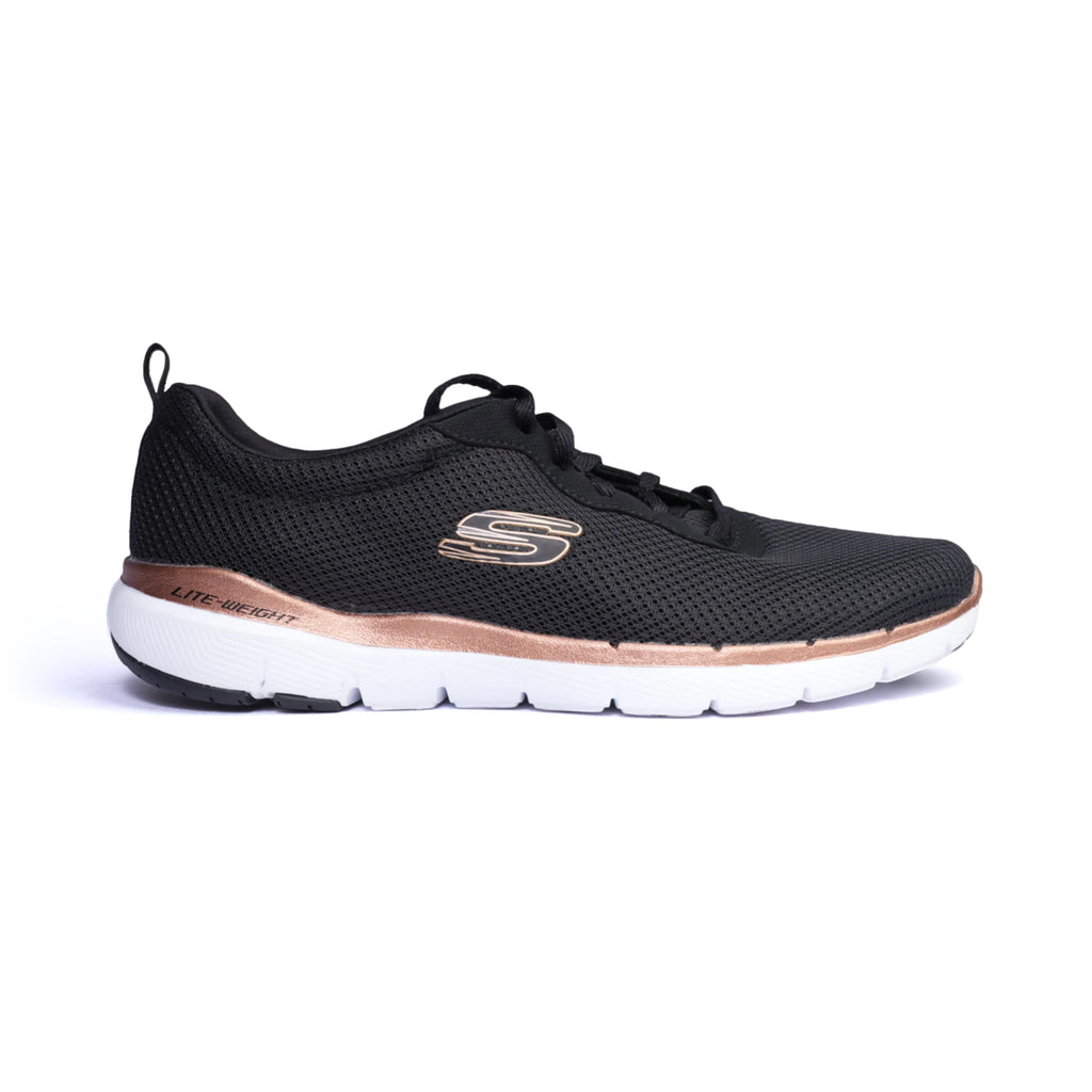 Skechers Womens Trainers Flex Appeal 3.0 Lace Up Black- Rose Gold - Sole Therapy