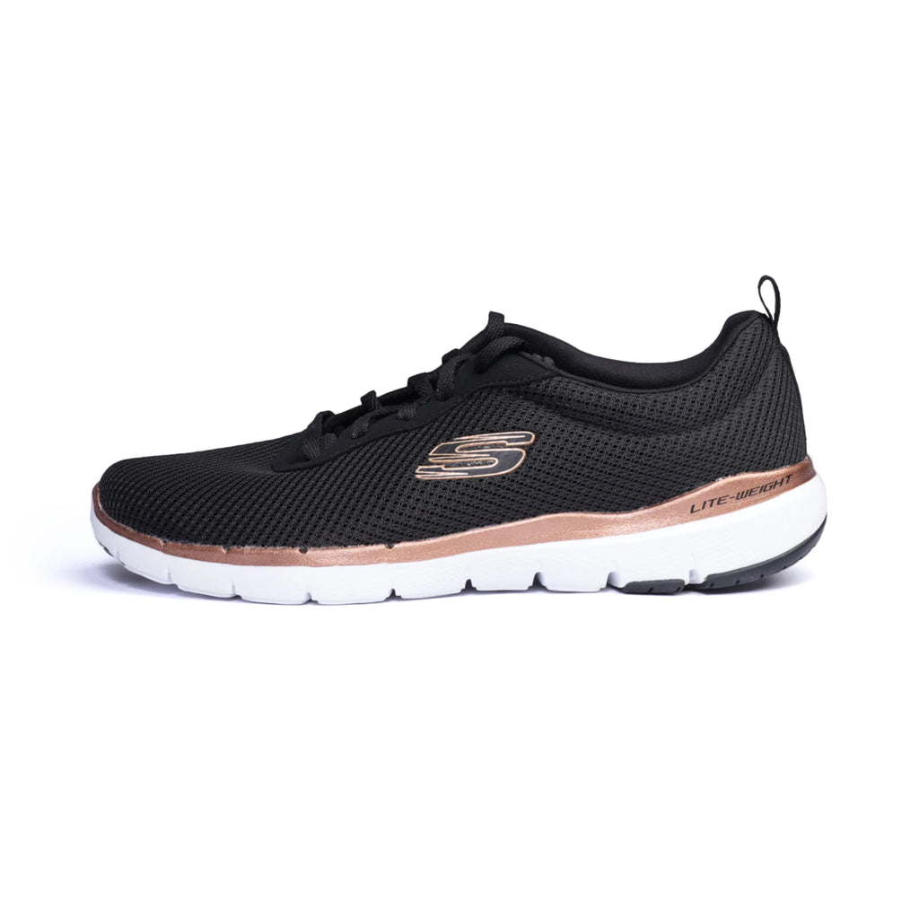 Skechers Womens Trainers Flex Appeal 3.0 Lace Up Black- Rose Gold - Sole Therapy