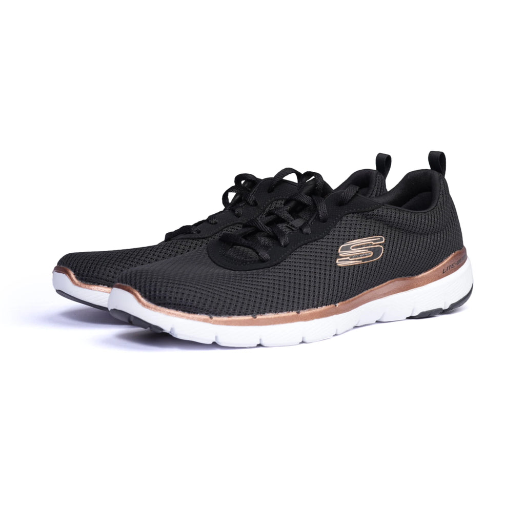 Skechers Womens Trainers Flex Appeal 3.0 Lace Up Black- Rose Gold - Sole Therapy